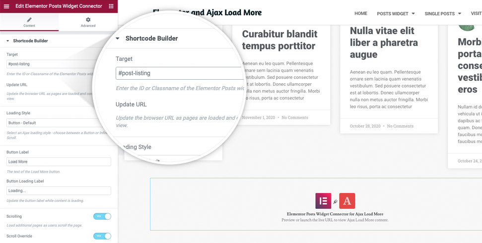 Ajax Load More Posts Widget Connector Options