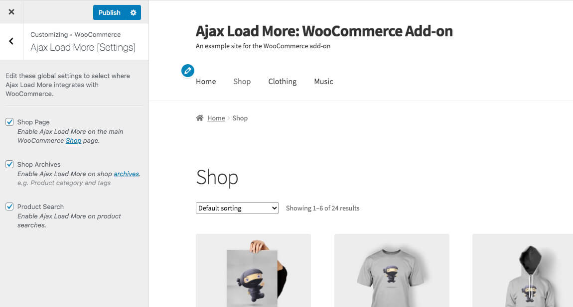 Ajax Load More WooCommerce Customizer Options
