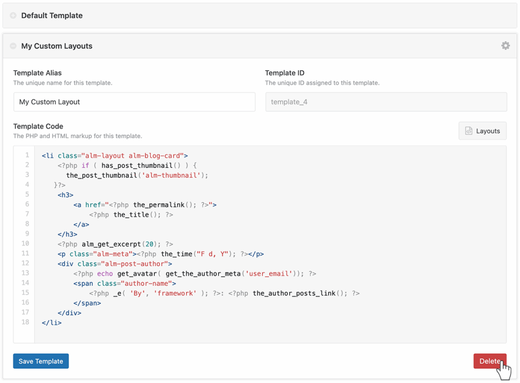 Ajax Load More delete template functionality.