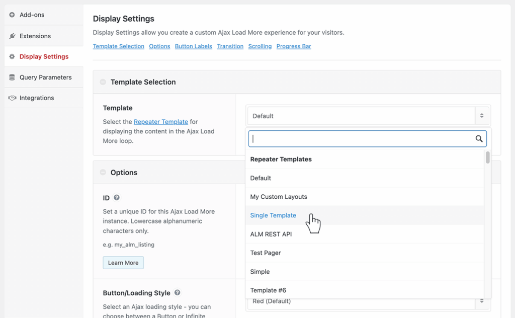 Ajax Load More select template functionality.