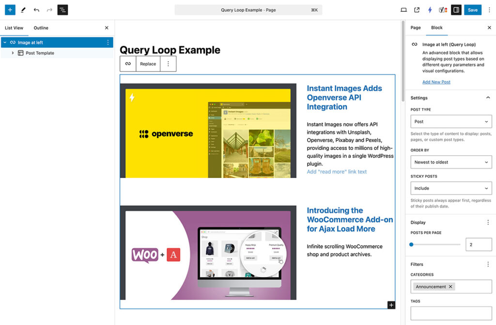 Query Loop template creation and settings